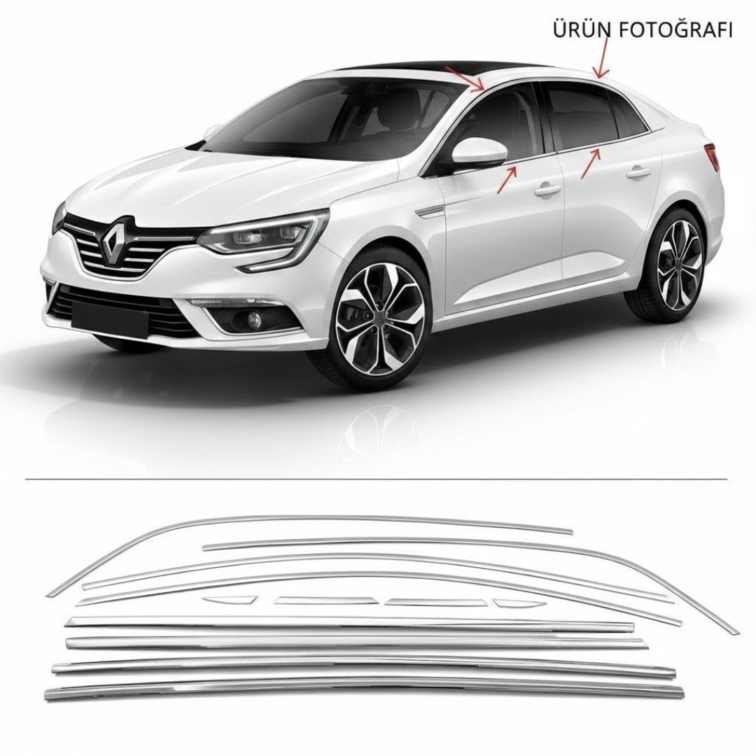Renault Megane 4 Sedan ( 2015 -2024 ) Uyumlu 12 Parça Krom Cam Çıtası Komple Tam Tur Paslanmaz Çelik - Görsel 3