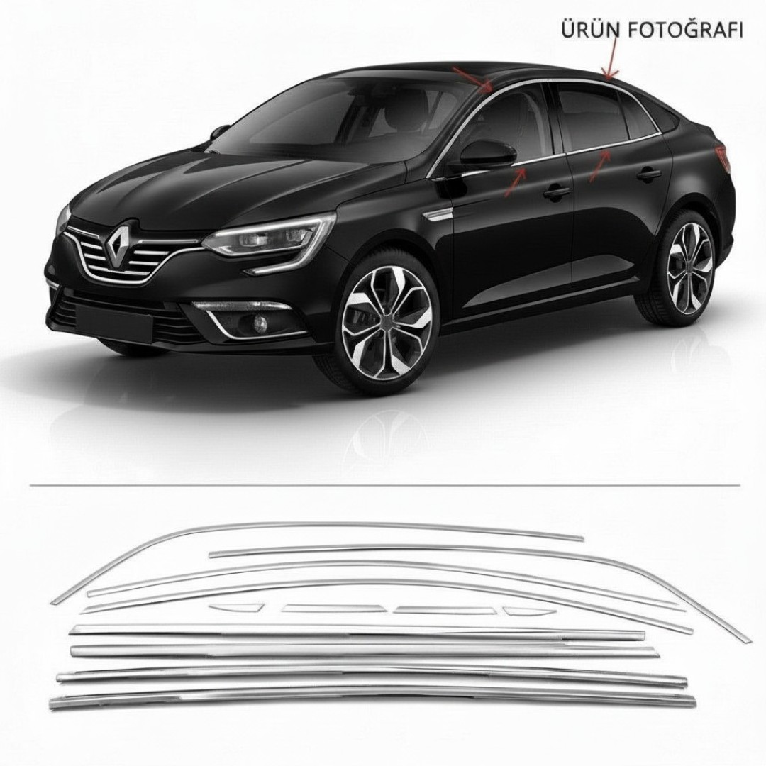 Renault Megane 4 Sedan ( 2015 -2024 ) Uyumlu 12 Parça Krom Cam Çıtası Komple Tam Tur Paslanmaz Çelik - Görsel 4